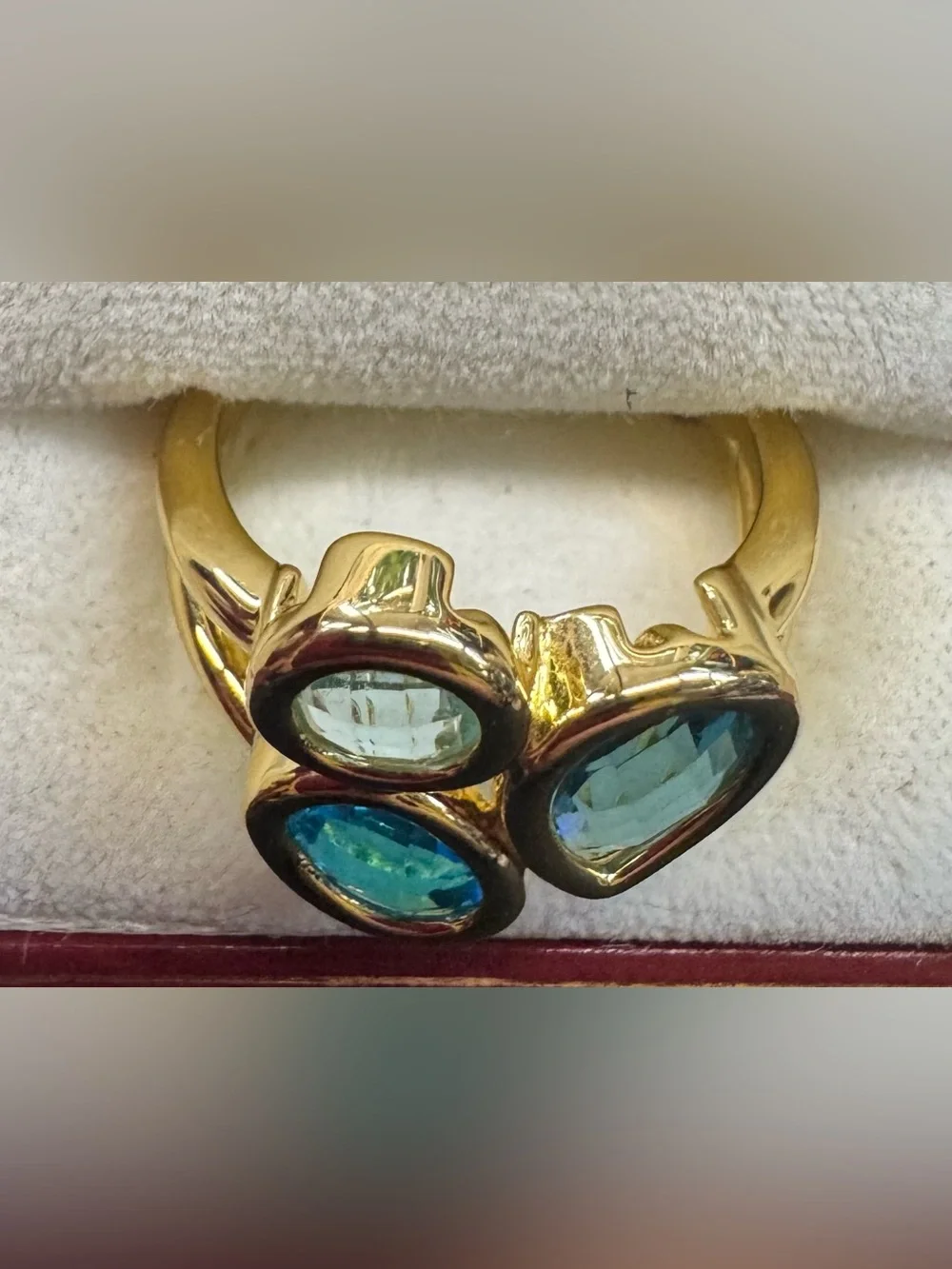 Gold Plated Ring with Aqua, Teal and Light Blue Gemstones - size 7-7.5